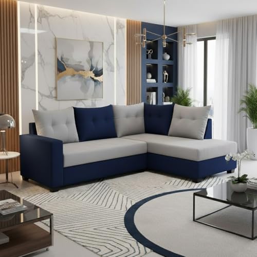 Image of SOCOZI Oriana 4 Seater RHS L Shape Sofa Set | Soft Velvet Suede Fabric | Modern Design | Plush Comfort Cushions for Living Room (Dark Blue-Light Grey)