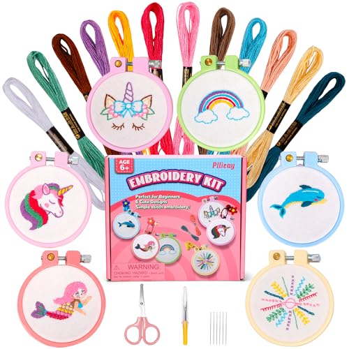 Pllieay 6PCS Embroidery Kit for Kids Needlepoint Kits for Beginners with Pre-Printed Pattern 6Pcs Hoop Threads Keychains and Instructions Kids Cross Stitch Kits Supplies for Crafting