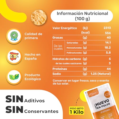 Eipulver (1 kg) | Pasteurisiertes Ei ohne Gluten | Getrocknetes Vollei | Ohne Zusatzstoffe | Laktosefreies Produkt im Zip-Beutel