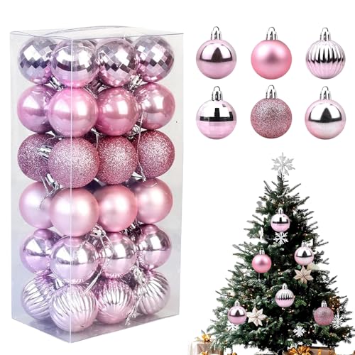 KLINNA Juego de 36 bolas de Navidad irrompibles de plástico en mate y brillante, 4 cm como decoración navideña para el árbol de Navidad, color rosa
