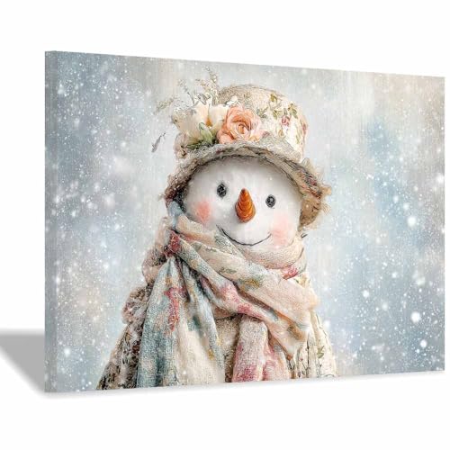 Décoration murale de Noël bonhomme de neige en toile beige 70x100cm encadrée pour salon festif
