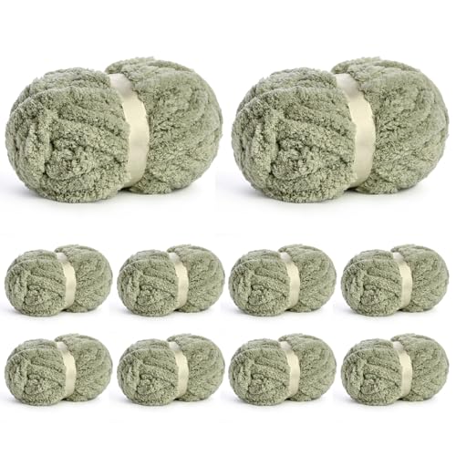 Image of 10 Pack of Jumbo Chunky Yarn for Hand Knitting,10# Super Bulky-Fluffy Chenille Yarn, 220 yds /70.5 oz Soft Thick Yarn for Crocheting Chunky Knit Throw Blankets.(Sage Green)