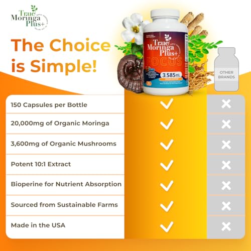 True Moringa Plus+ Focus Support Supplement 10:1 Extract | 20,000mg of Organic Moringa, Reishi, Cordyceps, Lion’s Mane, Ashwagandha, Bacopa Monnieri | Memory & Brain Health for Adults (150 Capsules)