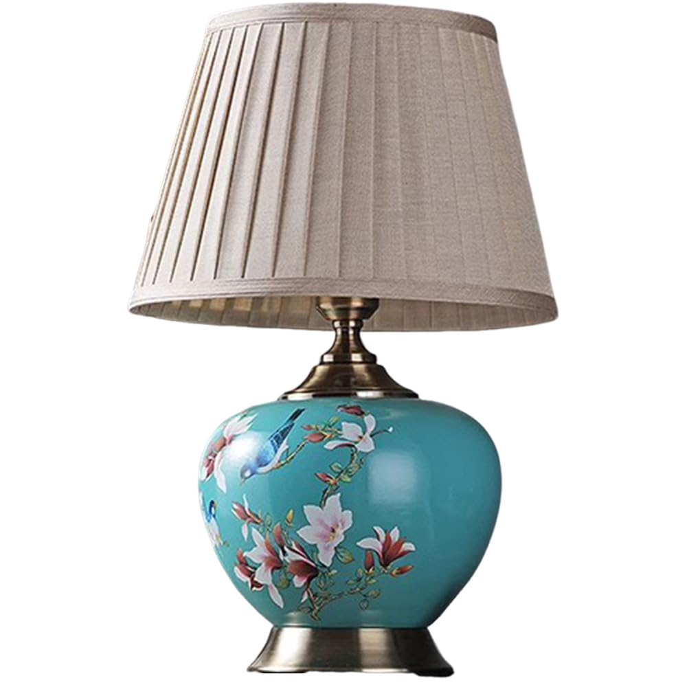 SANBDDLYY Hand-Painted Ceramic Table Lamp - Traditional Chinese Flower and Bird Design Fabric Shade for Bedroom, Living Room, and Office