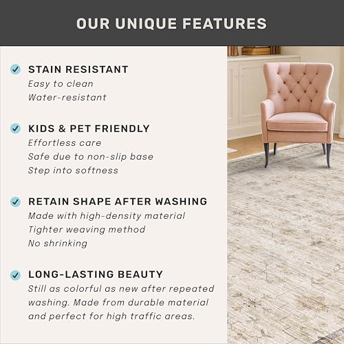 Image of Farmhouse Bathroom Rug 2x3 Beige, Machine Washable Small Non Slip Indoor Entryway Area Rug, Low Pile Thin Neutral Vintage Design for Bedside, Kitchen