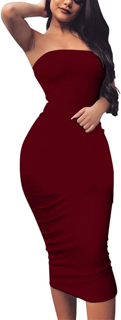 BORIFLORS Women's Basic Sleeveless Tube Top Sexy Strapless Bodycon Midi Club Dress