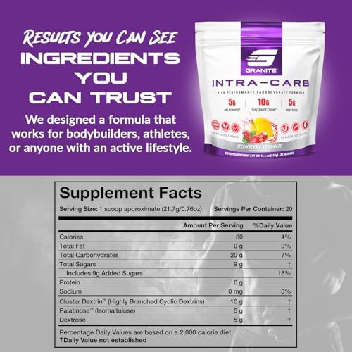 Image of Granite Intra Carb Powder, Strawberry Lemonade Flavor, High-Performance Carbohydrate Blend with Cluster Dextrin, Palatinose, & Dextrose, Supports Energy and Training (20 Servings)
