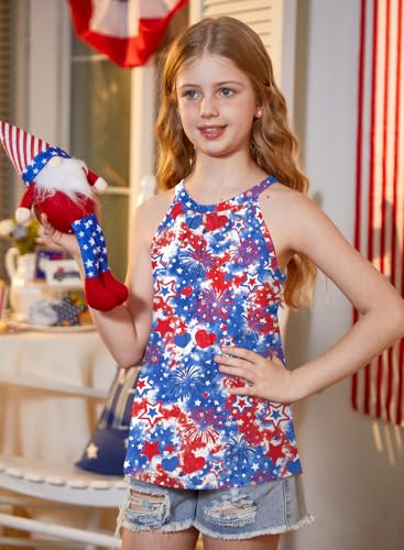 Image of BesserBay Girls Summer Back Button Halter Neck Tank Top Cold Shoulder Casual Blouse Pleated Sleeveless Shirts 5-14 Years