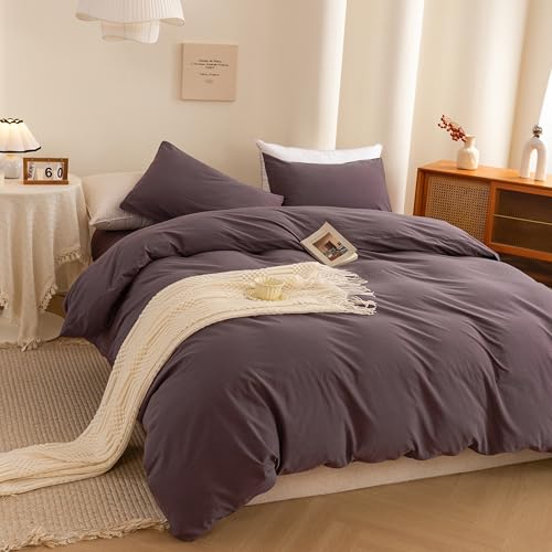 Image of ECOCOTT Duvet Cover Set, 100% Washed Cotton Linen-Like Textured Soft & Breathable, Durable Comfy Bedding Set for All Seasons Oversized Queen Size, Lilac Purple
