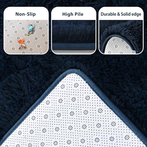 Fluffy Area Rug Blue 3x5 Rugs for Bedroom, Plush Soft Navy Blue Shag Carpet for Living Room Boys Book Room Nursery Kids Playroom Dorm Decor