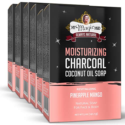 My Magic Mud Natural Beauty Moisturizing Body Bar Soap, Charcoal Soap with Coconut Oil, Shea Butter, 100% Natural (Revitalizing Pineapple Mango, 6-Pack)