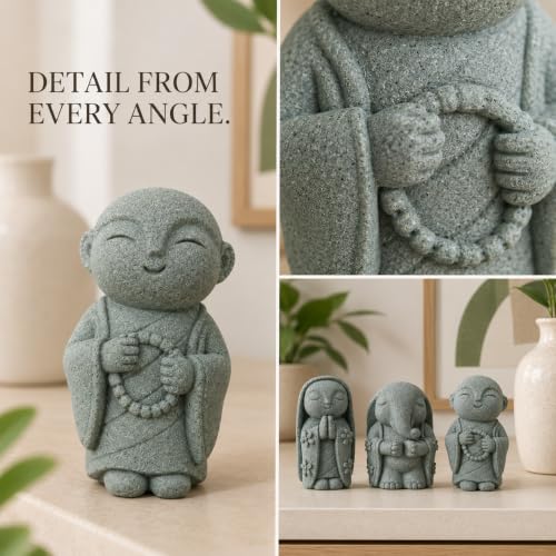 Image of Street27 3Pcs Zen Monk Statue Set, Mini Sandstone Buddha Monk Figurines for Home, Office Desk, Aquarium, Car Dashboard, Meditation Room & Table Decor, Grey