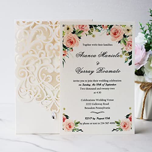 Hosmsua 50Pcs White Wedding Invitations Kit 5 X 7.3 Inch Laser Cut Hollow Rose Rhinestone Pocket With Envelope For Quinceanera Bridal Shower Invite (White Ivory) #TOP3