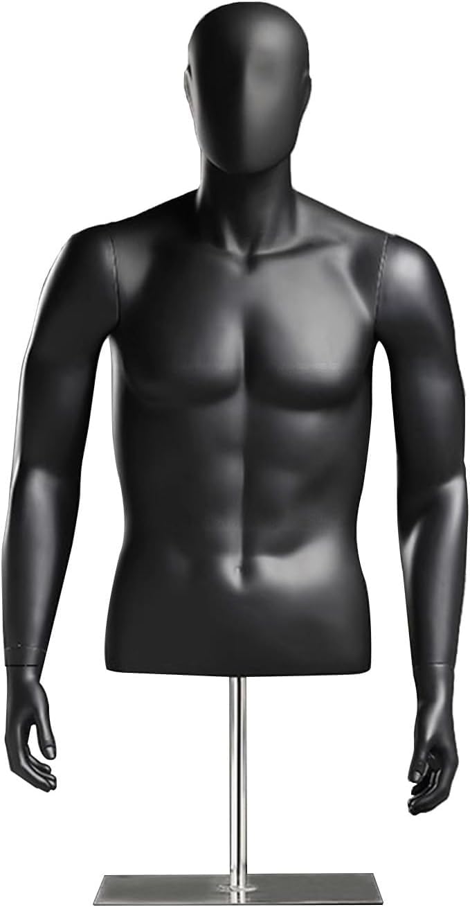 CONGRUI Male Mannequin Fiberglass Torso Equipped with Detachable Arms and Metal Base for Display Windows Retail Stores(Black)