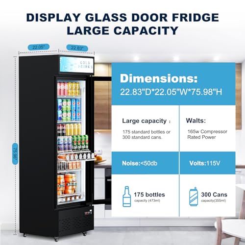 Image of Commercial Glass Door Display Refrigerator 12 cu.ft Commercial Beverage Refrigerators with LED Light & 5 Shelves for Cafe, Restaurant, Store, Bar