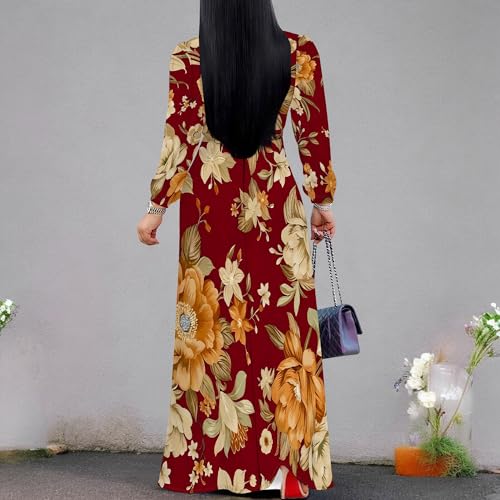 Image of Women Plus Size Long Sleeve V Neck Maxi Dress with Belt | Soft fabric relaxed fit three quarter sleeve v neck with pockets for party and daily wear