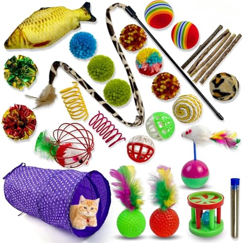 SKY-TOUCH 30pcs Cat Toys Cat Interactive Toy Accessories Interactive Cat Accessories for Indoor Cats Cat Tunnel Variety Teaser Wand with Feathers The Best Gifts for Cat Lovers
