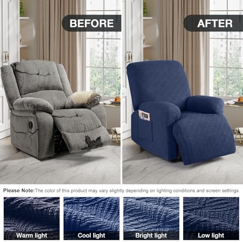 Image of Timeles Recliner Covers Extra Wide Recliner Chair Cover Reclining Sofa Slipcovers for Pet&Kid,Stretch Soft Washable (One-Seater Oversized, Navy Blue)