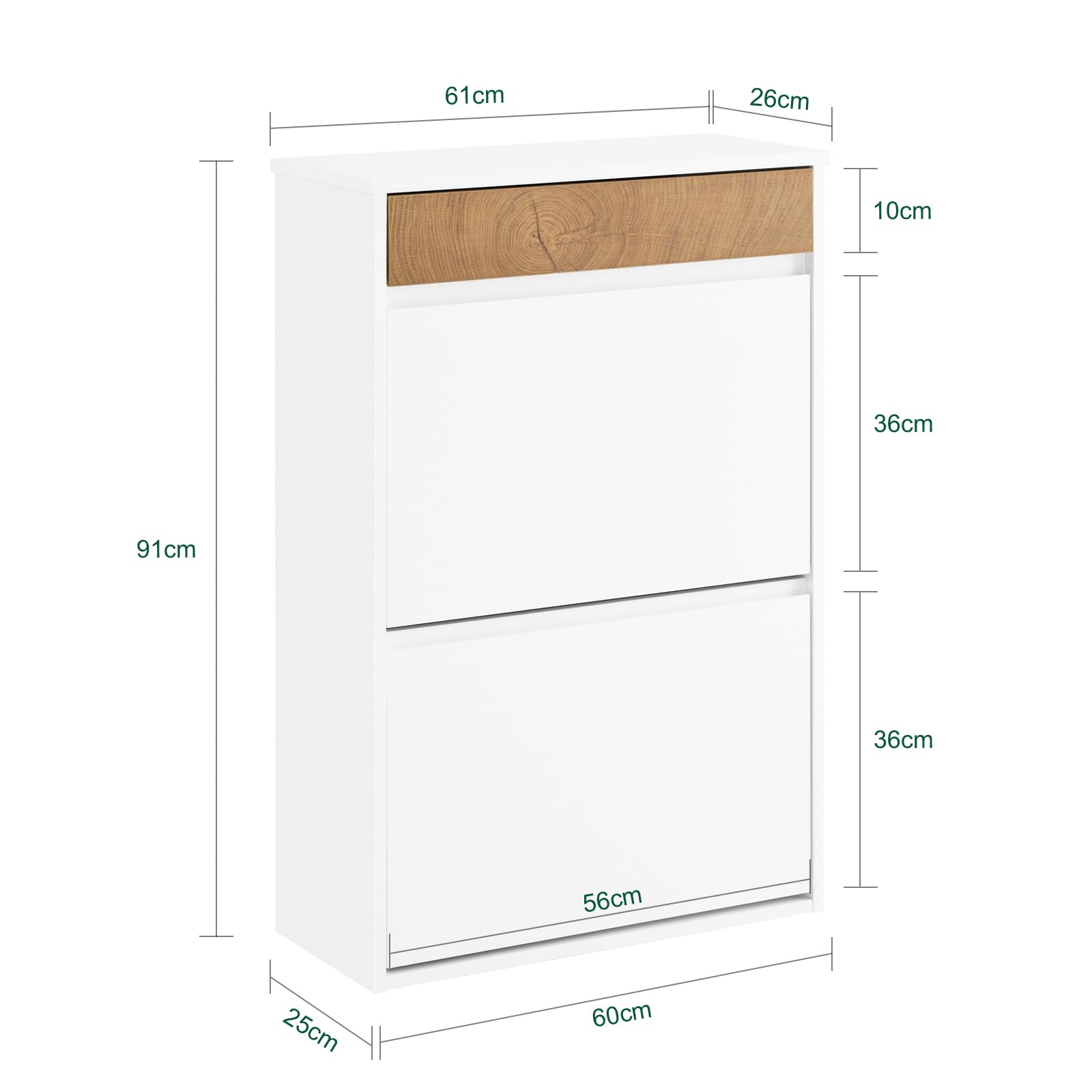 SoBuy Schuhschrank Schmal Hoch – Schuhkipper Schmal mit 2 Klappen & Schublade, platzsparend & modern – Flur Möbel für Eingang, Korridor, Wohnung – 61x26x91cm, Weiß & Holzoptik – FSR205-WN