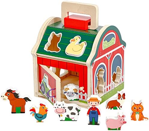AULISTOY Montessori Wooden Farm Toys for Toddlers Baby Boys Girls Age 1 2 3 Year Old -Take-Along Sorting Barn Sensory Learning Education Toys for Kids-Animals Shape Sorter Valentines Day Birthday