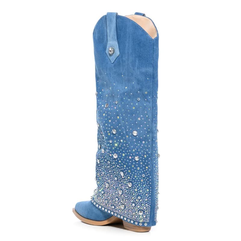 sexytag Women's Sparkly Rhinestone Cowboy Western Denim Boots Knee High Pointed Toe Pull-On Jean Boots3