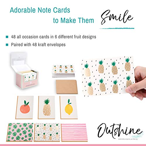 Outshine Blank Note Cards with Envelopes in Cute Storage Box - Set of 48 (Fruit) | 3.5" x 5" Bulk Blank Cards with Envelopes All Occasion | Greeting Cards, Thank You Cards, Birthday Cards