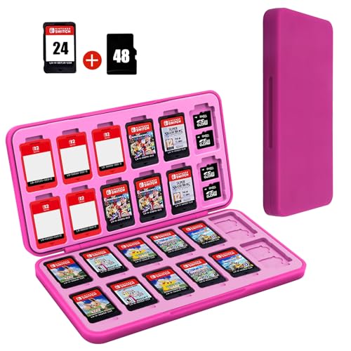 Image of FYY Nintendo Switch Game Case Holder for Switch 2 Cartridge Case with 24 Game Card Slots & 48 Micro SD Card Slots, Hard Shell, Silicone Lining Magenta Pink