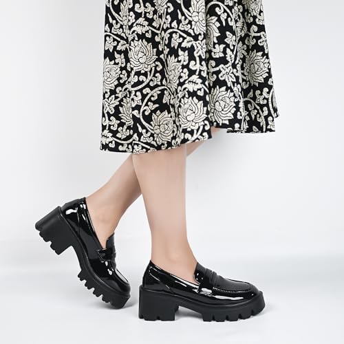 Image of Black Penny Loafers for Women - Women's Slip-On Platform Patent Leather Loafers, Chunky Comfort Shoes for Work & Dressy Occasions