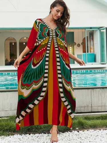Image of IMAGEKOPE Women's Plus Size Loose Fit Moroccan Print V-Neck Batwing Kaftan Beach Dress Bathing Suit Cover Up
