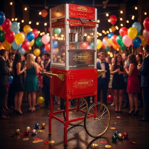 Image of Commercial Popcorn Machine with Cart & Wheels - Popcorn Maker with 30OZ Stainless Steel Kettle, Pop corn Machine Maker for Home, Parties, Movie Theater, Red | 30OZ Stainless Steel Kettle Pop corn Machine Maker for Home Movie Theater, Christmas Gathering Party, School and Office