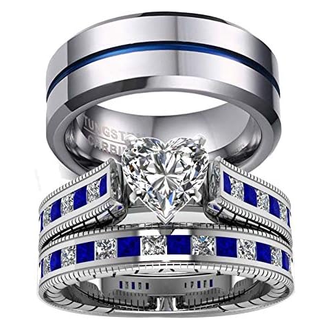 Gy Jewelry 3pc His and Hers Wedding Ring Sets Couples Rings Women's White Gold Plated Blue Sapphire Cubic Zirconia Wedding Engagement Ring Bridal Sets & Men's Stainless Steel Wedding Band Cover