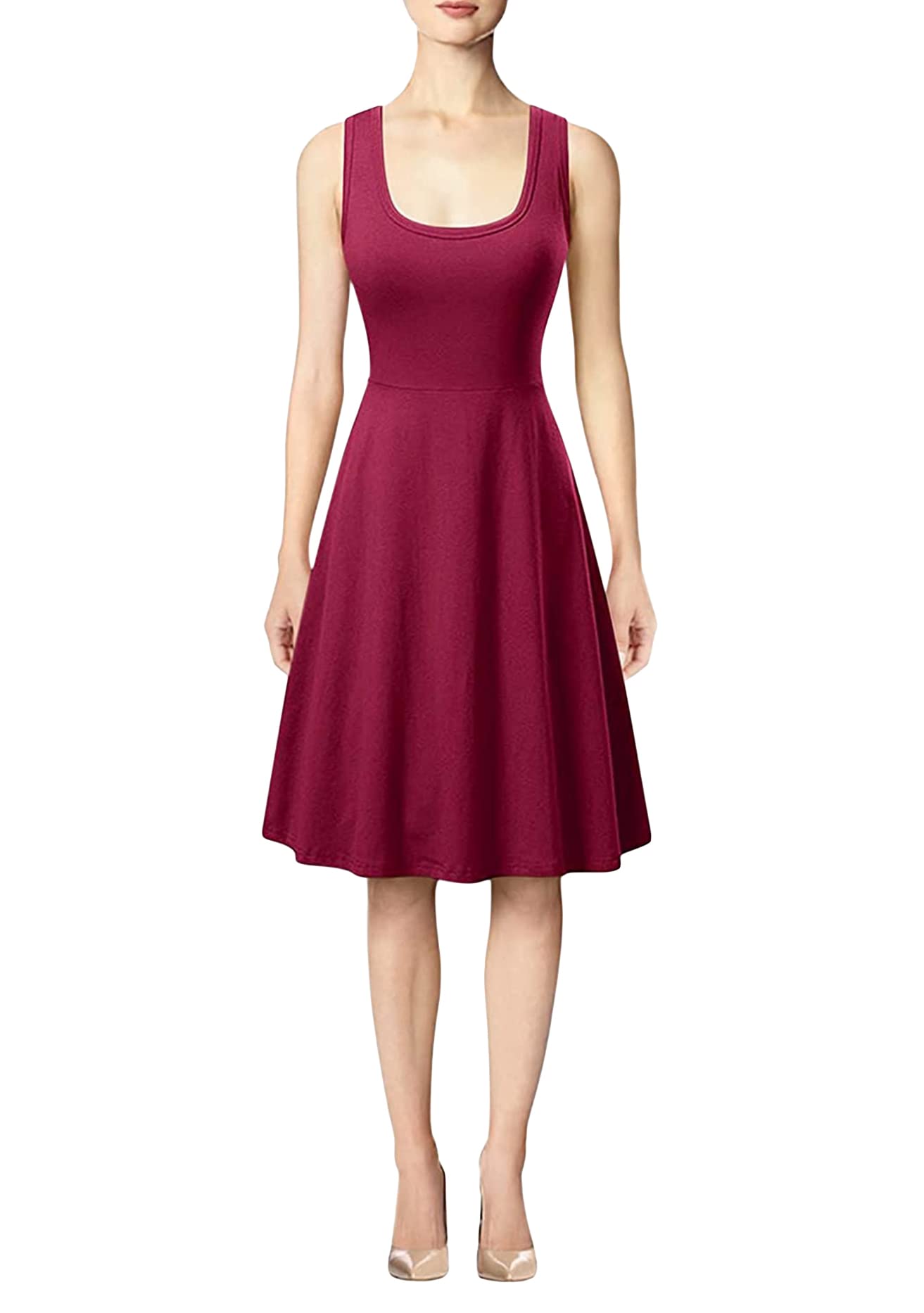 OMZINWomen's Sleeveless Midi Dress Casual Flared Tank Dress Solid Color Cotton Skater Swing Dresses