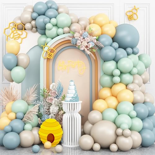 Green Blue Yellow Balloon Arch Kit,Boho Balloon Garland with Sage Green and Blue Yellow White Sand Balloons for Baby Shower Bridal Birthday Bee Bear Theme Party Decoration