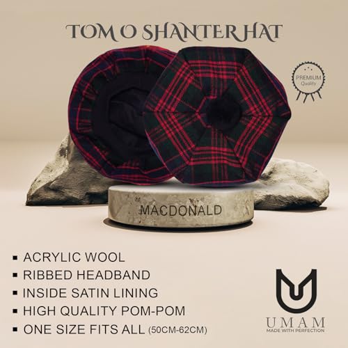 Image of Scottish Tam O' Shanter Hat Tartan Bonnet Pom Pom Wool Flat Cap One Size