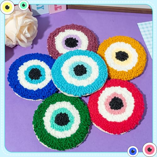 Image of WATINC Devil Eye Punch Needle Coaster Kit - 22Pcs Easy Art Work Decor Craft Supplies Kits for Beginners, DIY Set of 6 Pattern Tufted Rug Pads with Adhesive Felt Yarns Embroidery Hoop Instruction Gifts