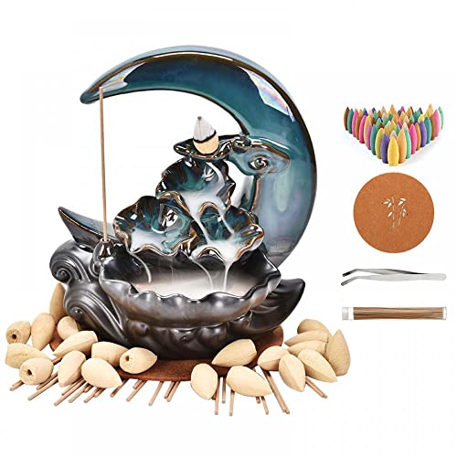 Moon Backflow Incense Burner, Lotus Leaf Pond Ceramic Incense Holder Waterfall Incense Burner Cone Stick Holder for Home Decor Gift with 20pcs Incense Cones