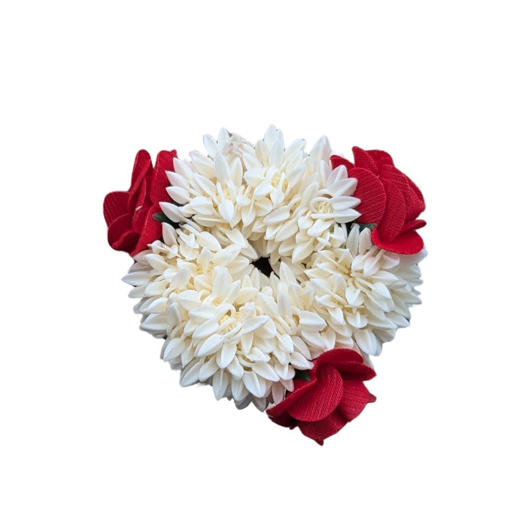 Traditional Indian Hair accessories White Gajra with Rose Artificial Flower (Pack of 1) (White & Red)