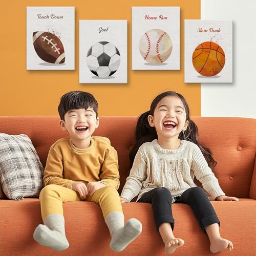 Image of Watercolor Sport Football Basketball Soccer Softball Boys Room Decor Canvas Wall Art Motivational Prints Paintings for Bedroom Nursery Playroom Classroom Funny Birthday Gifts 4PCS,Framed,8x10IN