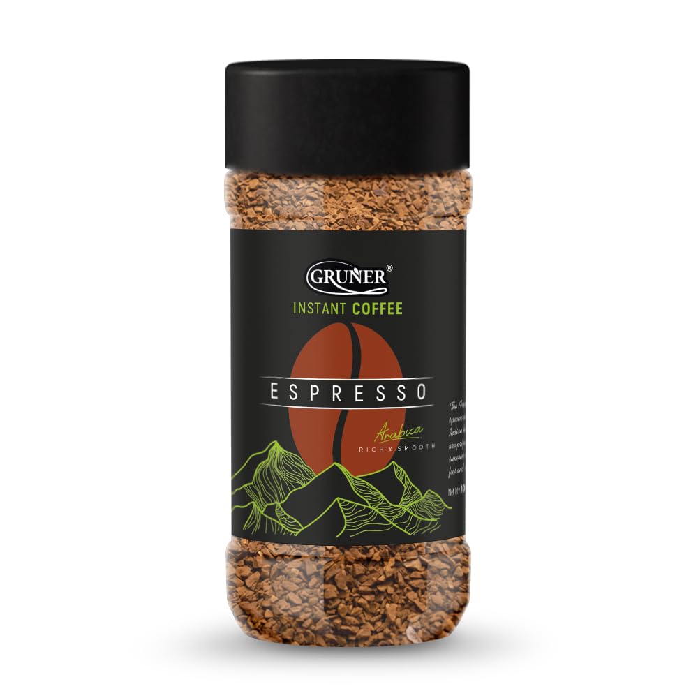 GRUNER Instant Flavoured Coffee | Have it Hot, Cold, or Black, Rich and Smooth, no added sugar, Medium Roast, Premium Arabica Coffee Bean 100gm 3.5oz. Jar (Espresso, 3.5Oz)