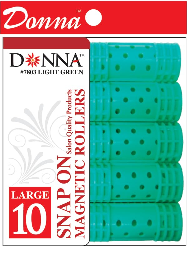DONNA Snap-on Magnetic Rollers - Large Foam Heatless Styling Rollers and Hair Clips for Hairdressing (7/8" D, LT. GREEN, 10PCS)
