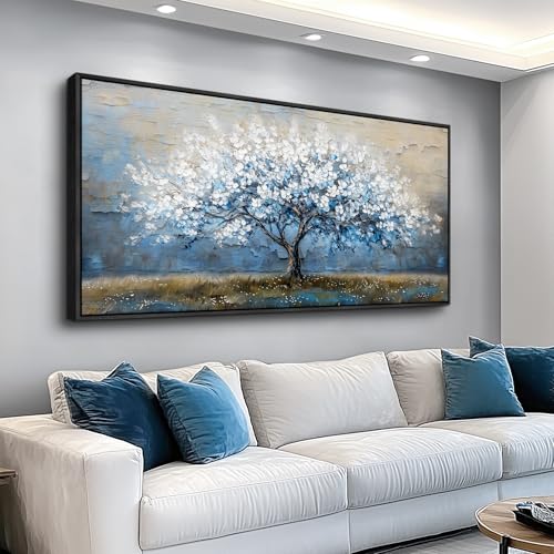 KELIYUAN Large Canvas Wall Art For Living Room Abstract Tree Wall Decor For Bedroom Wall Painting Blue Tree Picture Black Framed Office Dining Room Decor Artwork Hotel Room Mural Home Decor 20"X40"