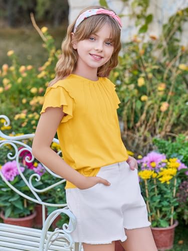 Image of Haloumoning Girls Pleated Ruffle Short Sleeve Shirts Kids Summer Crewneck T-Shirts Fashion Tops Tees 5-14 Years