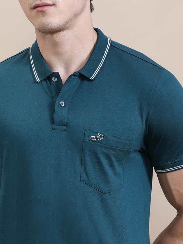 Image of CROCODILE Men Solid Slim Fit Polo T-Shirt | Regular Length | Short Sleeve | Button Placket | Casual Knitted Topwear