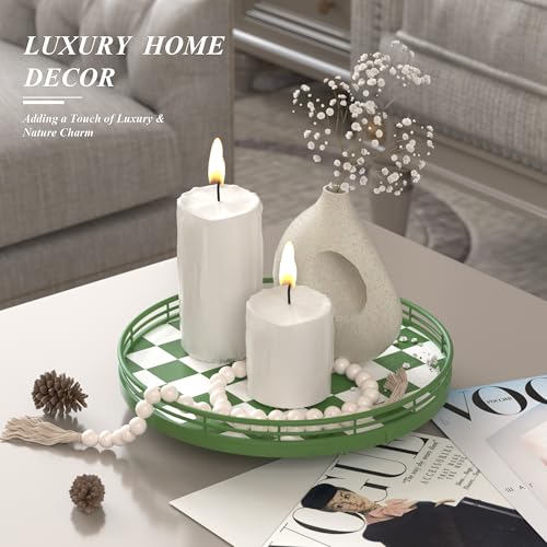 Image of Premium Rubber Wood Lazy Susan Turntable, Green White Checkerboard Decorative Serving Tray, Hand-Welded Metal Railing, Stable Rotating Organizer for Dining Table, Kitchen Counter, Coffee Table Decor