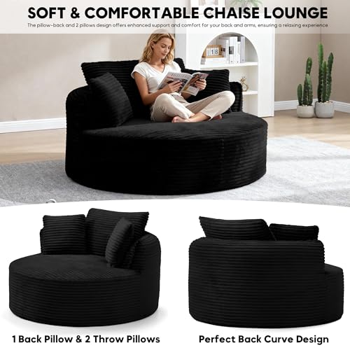 Image of Oversized Round Chair Lounge Chaise Indoor, 53.5 inch Upholstered Corduroy Deep Seat Single Cloud Sofa Chair, Fluffy Modern Large Circle Boneless Sleeper Sofa for Living Room, Bedroom, Black