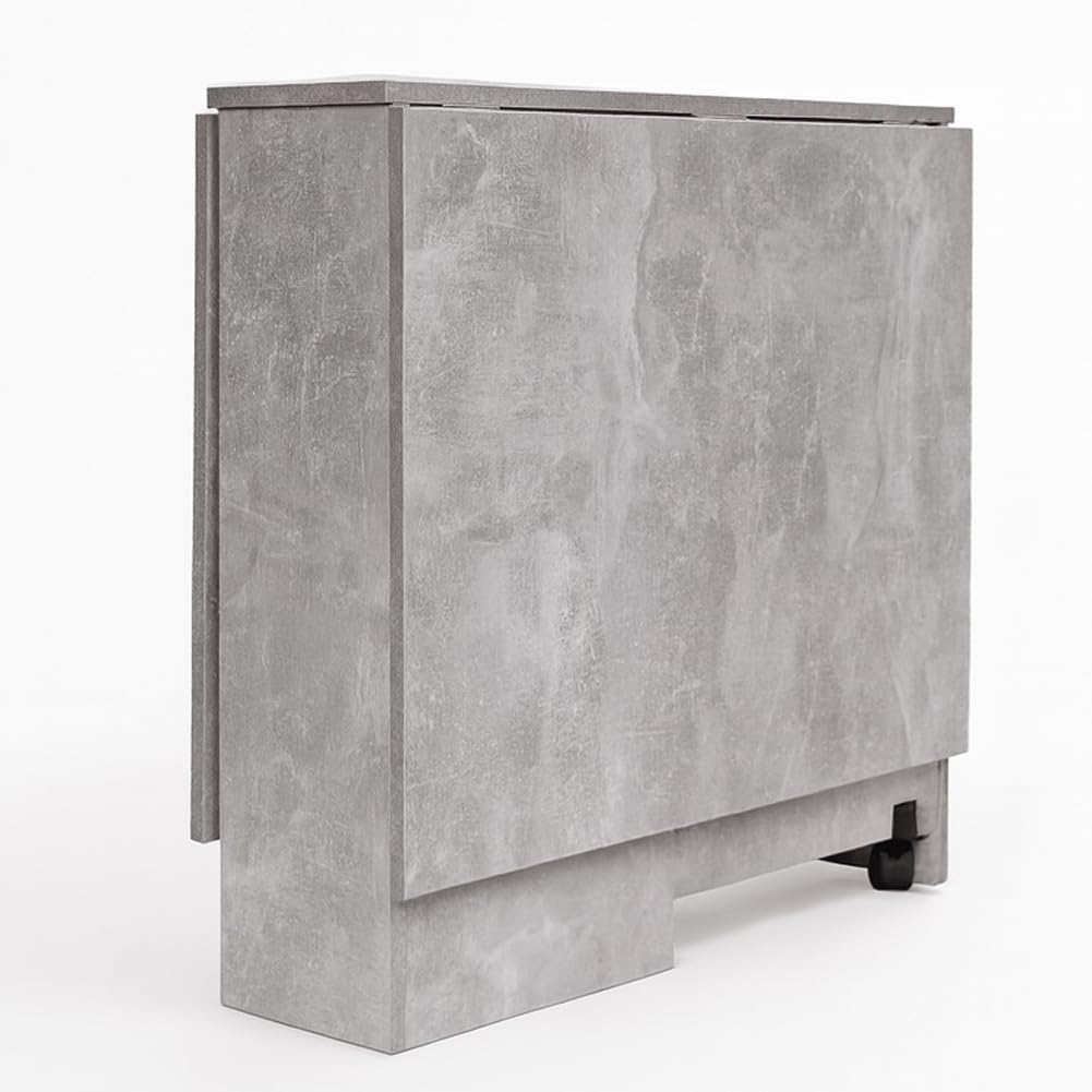 BAKAJI Tavolo da Pranzo Salvaspazio Cemento, Scrivania Pieghevole Richiudibile Allungabile con Libreria 2 Scomparti Ripiani a Scomparsa e Ruote, Design Multiuso Moderno 140 x 75 x 74 cm