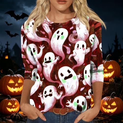 Image of Women Spooky Halloween Graphic Shirt 3 /4 Length Sleeve Crewneck Top | Halloween Funny Printed Pumpkin Plus Size Tshirts 2026 Fall Outfits Skeleton Tee Going Out Tops