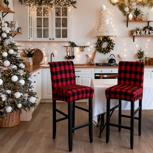 Image of SearchI Christmas Bar Stool Covers Set of 2, Stretch Washable Barstool Seat Covers, Counter Height Chair Covers for Kitchen Dining Room Cafe (Buffalo Plaid)