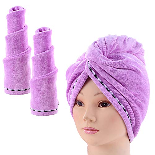 Microfiber Hair Towel Turban Wrap 2 Pack - Bestgrass Super Absorbent Twist Turban Fast Drying Hair Caps with Buttons Bath Loop Fasten Salon Dry Hair Hat for Women Girls (2 Pack Purple)