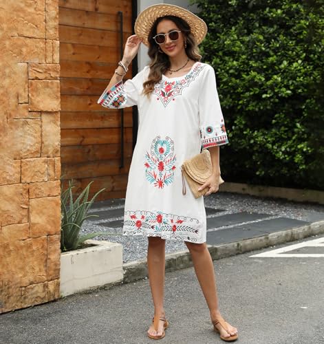 Image of Higustar Mexican Embroidered Dress Summer Cotton Bohemian Flower Peasant Traditional Mexico Fiesta Boho Dresses for Women